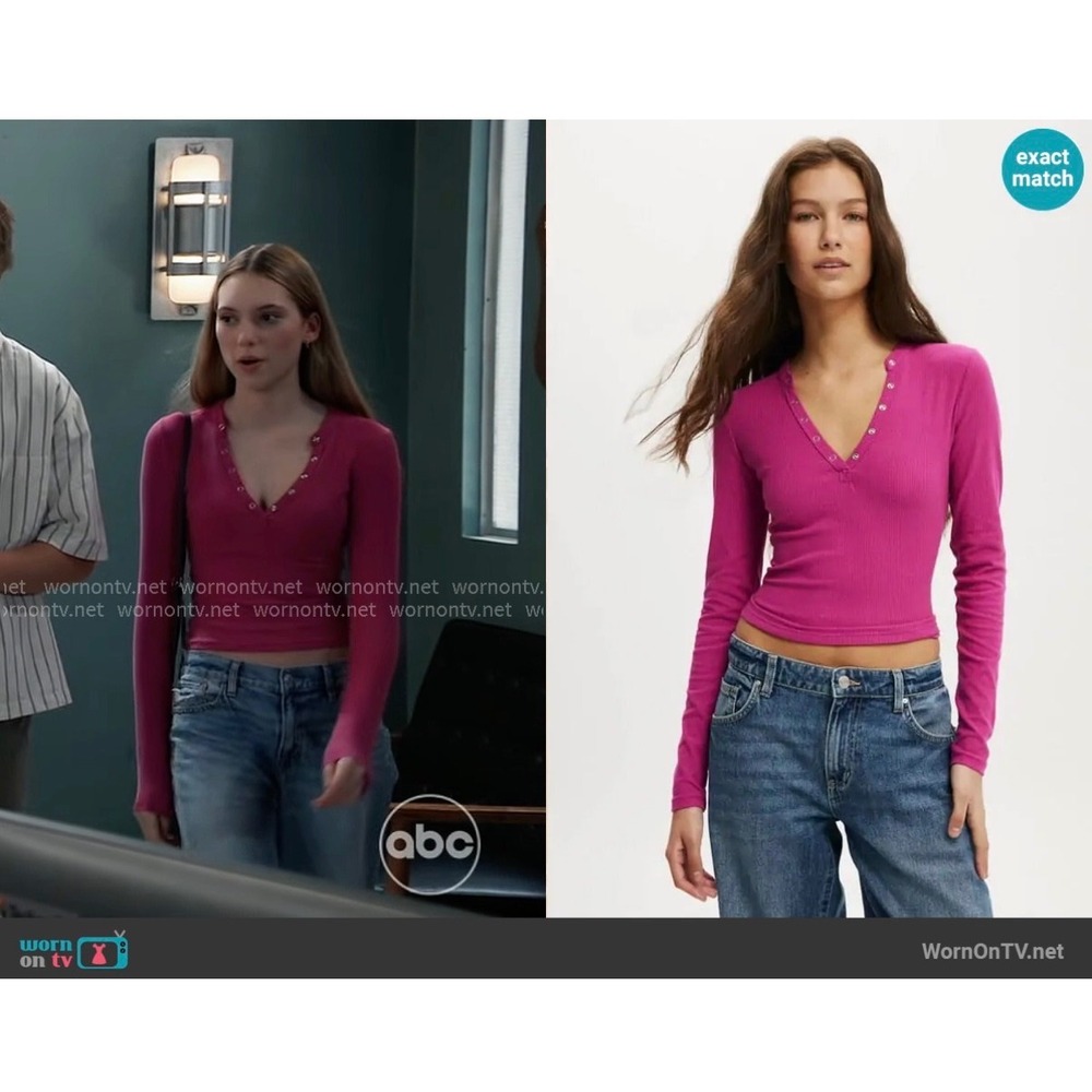 Cotton On Magenta Pink Ribbed Long Sleeve Snap Henley V-Neck Top As Seen On TV